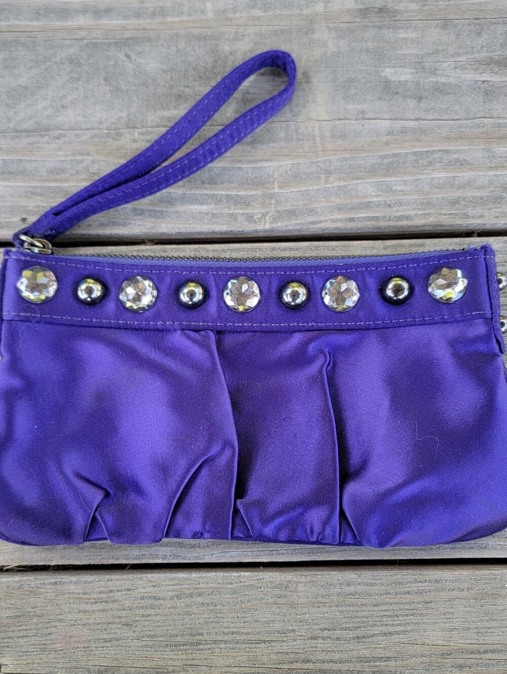 Express purple satin zippered wristlet pouch or clutch purse with rhinestones